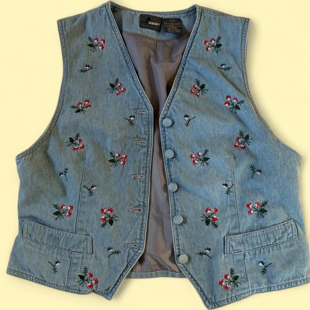 Blue denim vest with floral